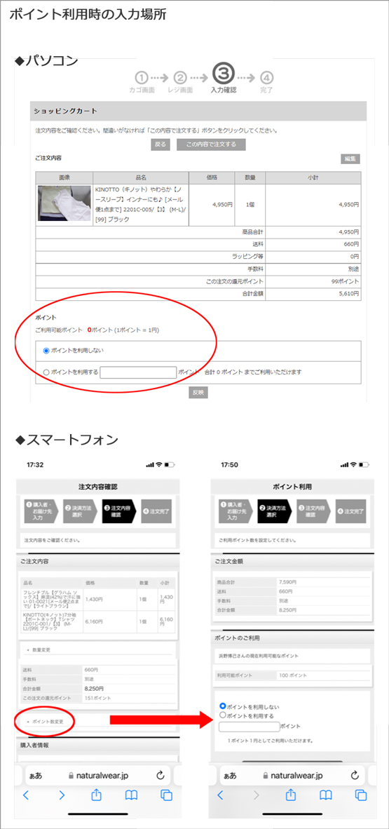 ポイント利用時の入力箇所